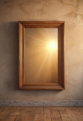 Golden hour sunbeams illuminate empty wooden frame on weathered wall, vignette, decor