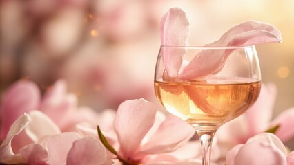 A glass filled with water and pink flower petals sits on a soft surface. More petals surround the glass, with one in sharp focus in the foreground. A blurred floral background enhances