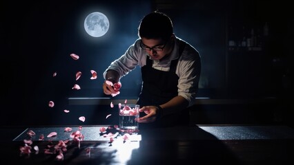 A person in formal attire—white shirt, black vest, and tie—holds a glass filled with water and pink flower petals. More petals fall from above, while a full moon in the night sky adds 