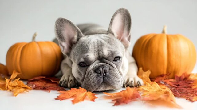 Gray french bulldog resting on white background surrounded by orange pumpkins and colorful fall leaves, concept of cozy autumn pet portrait