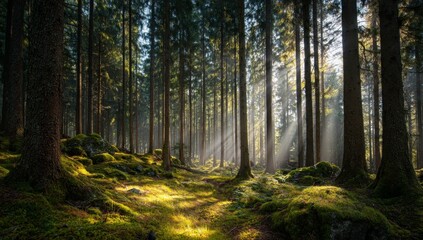 Obraz premium Sunlit Forest Path with Mossy Ground