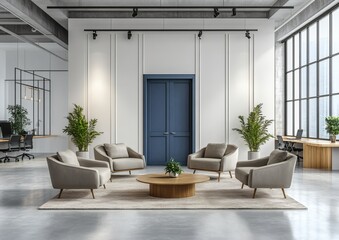 3D rendering of open-plan modern office featuring blue doors, neutral tones, gray floors, plants, and minimalist design


