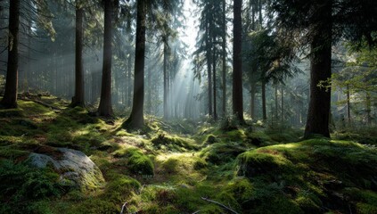 Fototapeta premium Sunlit Forest Path With Mossy Ground