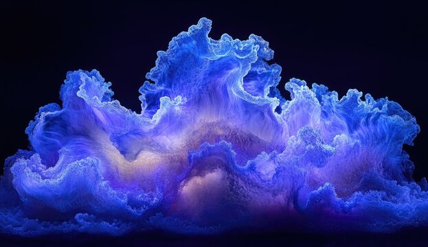 An abstract image depicting a vibrant, swirling mass of blue and purple hues, reminiscent of a cloud formation or underwater organism, set against a stark black background