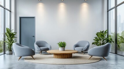 Modern office interior with minimalist furniture, blue doors, plants, and gray flooring in open-plan layout with neutral tones and natural lighting. 3D Rendering,



