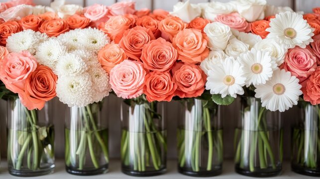 Coral, peach, white roses and daisies in glass vases.  Floral arrangement for wedding or event