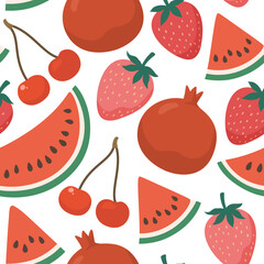 Seamless pattern with red fruits, watermelon, cherry, pomegranate and strawberry. Vector summer trendy print.