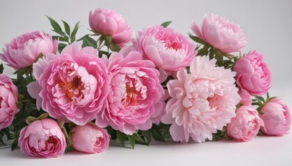 Vibrant pink peonies and roses bouquet  White background  Copy space ,  overhead,  studio shot