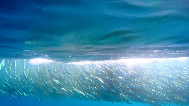 Dense school of yellowtail snappers swims together in clear turquoise water near the surface
