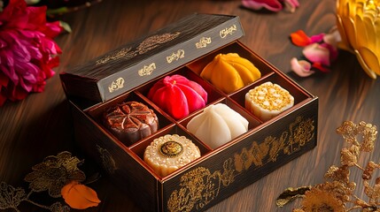 Assortment of colorful traditional pastries in a decorative wooden box.