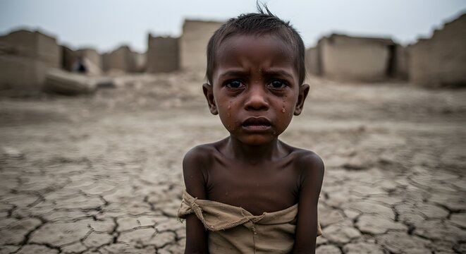 Close-up of a malnourished child sitting on dry dirt, blank eyes, dry tears on face, blurry ruins in background. Focus on eyes, 85mm lens, gray natural light.