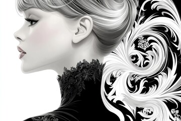 Elegant woman, monochrome portrait, ornate hair, fashion illustration, website header