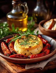Albanische Vorspeise mit gebackenem Schafskäse und Paprika
