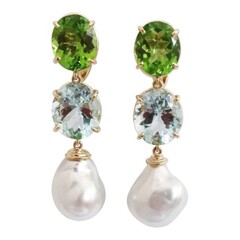 Elegant Green and Blue Gemstone Pearl Drop Earrings