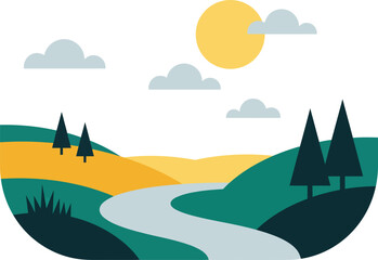 River flowing through green and yellow hills with pine trees and sun in clear sky vector illustration 
