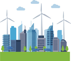 Modern city skyline with renewable energy wind turbines and solar panels sustainable urban development vector illustration 