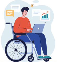 Man in wheelchair working on laptop with graphs and chat icons digital remote work concept illustration 