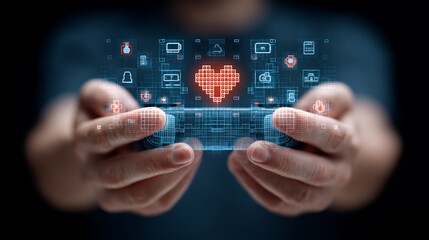 Closeup of hands virtual reality controllers with semitransparent overlay of floating gaming tech icons joystick pixel heart VR headset immersive entertainment concept