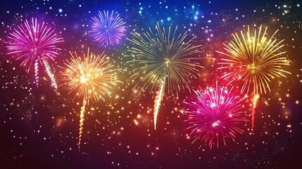 Colorful fireworks explode in a dark night sky.