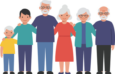 Multigeneration family portrait with grandparents and children in casual clothing vector illustration 