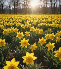 Fototapeta premium Sunlit field of vibrant yellow daffodils in full bloom , floral, macro, yellow