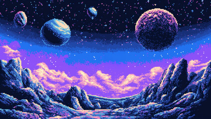 8-bit pixel art of a rocky alien terrain beneath floating planets and a glowing violet sky. Great for cosmic exploration games