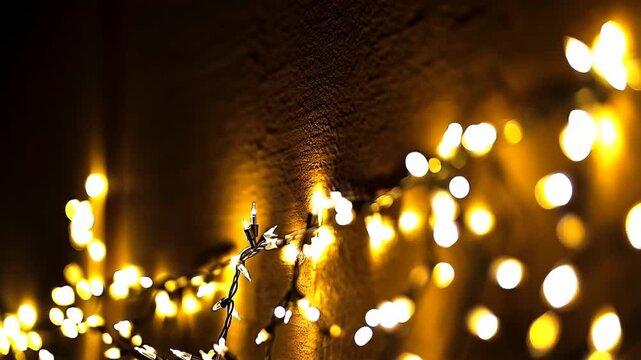 Bright string of white and yellow fairy lights against a textured dark yellow wall creating a warm and festive ambiance