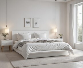 Crisp white king bed, minimalist Scandinavian bedroom design,  white bedroom,  decor