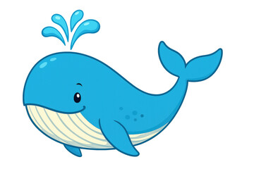 Blue cartoon whale spraying water, isolated transparent background, kid-friendly graphic