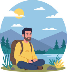 Man Sitting Meditating Calmly by Mountain Lake with Backpack and Yellow Sweater Vector Illustration 