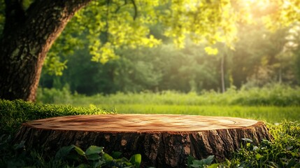 Citrus fruits and juice on a tree stump in the garden