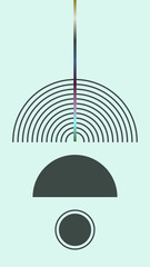 Minimalist abstract artwork with geometric shapes, including arcs, a semicircle, and a textured circle. A vertical gradient line adds contrast, creating a modern and balanced composition.