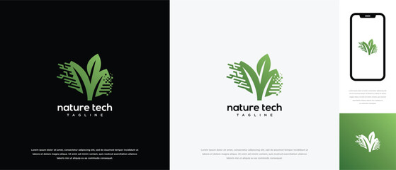 Green leaf pixel technology logo design template. Nature leaf digital technology logo design vector icon
