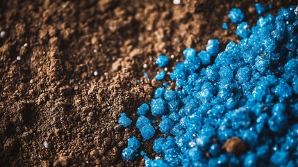 close up view of blue plastic granules in soil, shallow focus