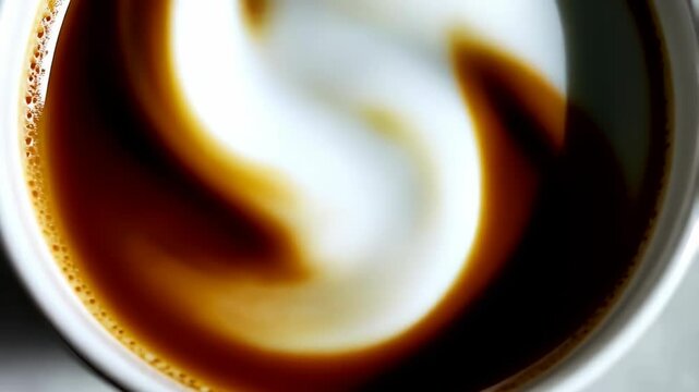 Cream swirling into a mug of dark roast coffee, top-down close-up view. Hot beverage mixing for latte art, morning drink.