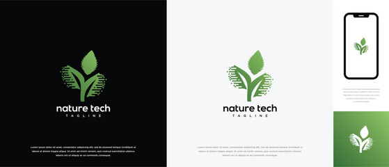 Green leaf pixel technology logo design template. Nature leaf digital technology logo design vector icon