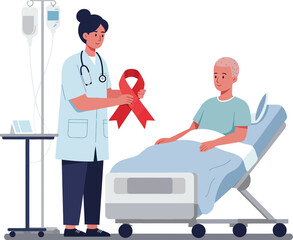 Doctor presenting red awareness ribbon to patient in hospital bed supporting health and cancer awareness campaign vector illustration 