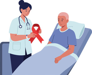 Fototapeta premium Nurse presenting red awareness ribbon to patient in hospital bed for health support and care vector illustration 