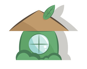 A cozy green forest house with a leaf on the roof, symbolizing eco-friendliness, surrounded by bushes
