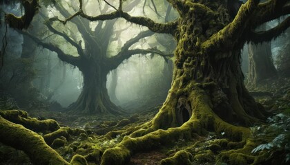 Mystical Forest with Giant Trees Covered in Moss and Surrounded by Fog and Mystery
