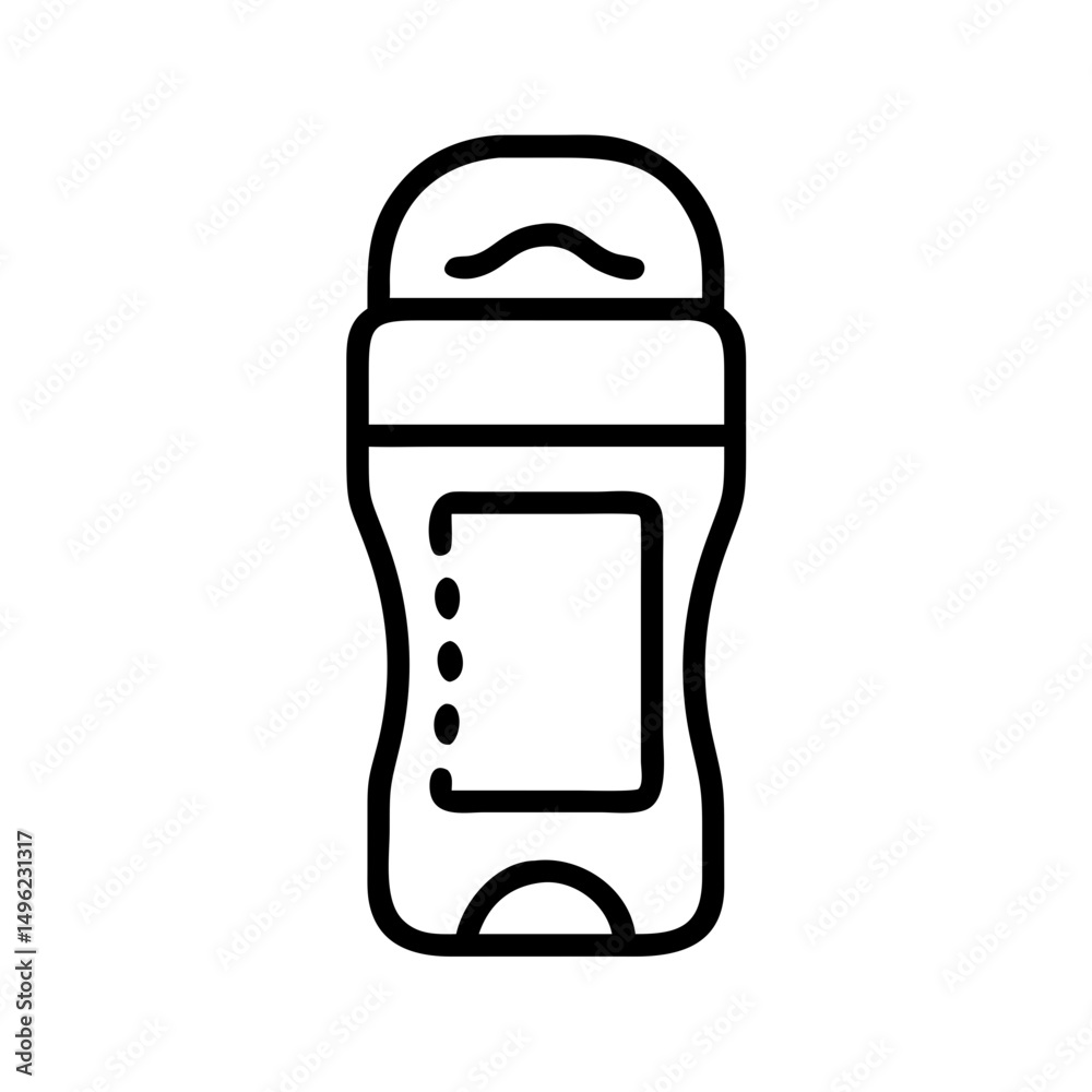 Poster depiction of a roll on deodorant container with a blank label and rounded cap in a simple line drawi