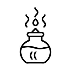 Aromatic liquid in a round container with rising vapor and a unique symbol on the side is shown