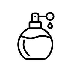 Elegant round shaped bottle with a spray nozzle and a single drop of liquid falling down near it