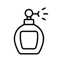 Outline drawing of a perfume bottle with atomizer spraying scent into the air in a simple design