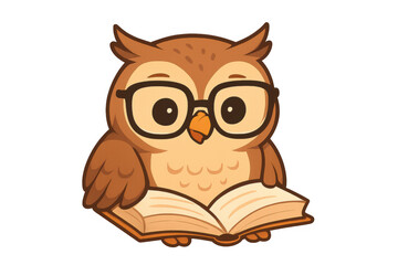 Scholarly cartoon owl reading book, wearing glasses against transparent backdrop, perfect for educational children's content