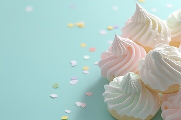 Pastel rainbow-accented meringue cookies with confetti on soft aqua