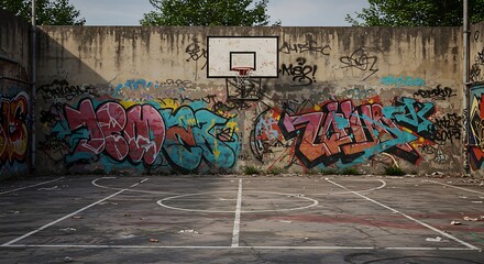 An outdoor basketball court with graffiti on the walls, evoking a sense of urban street culture