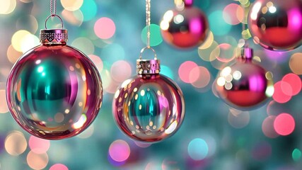 Shiny, iridescent Christmas ornaments hang against a pastel bokeh background.
Concept of: Iridescent holiday delight. - Powered by Adobe
