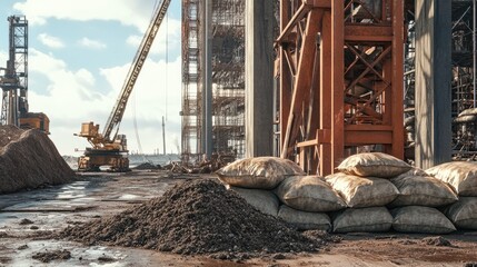 Industrial Construction Site: Heavy Machinery, Cranes, and Sandbags