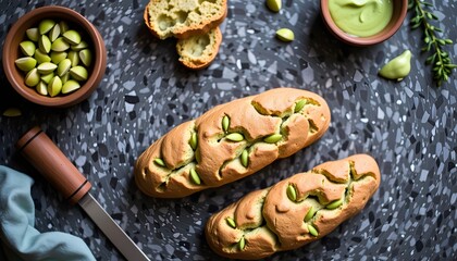 Delicious homemade bread with pistachios rustic kitchen food photography natural light close-up culinary art